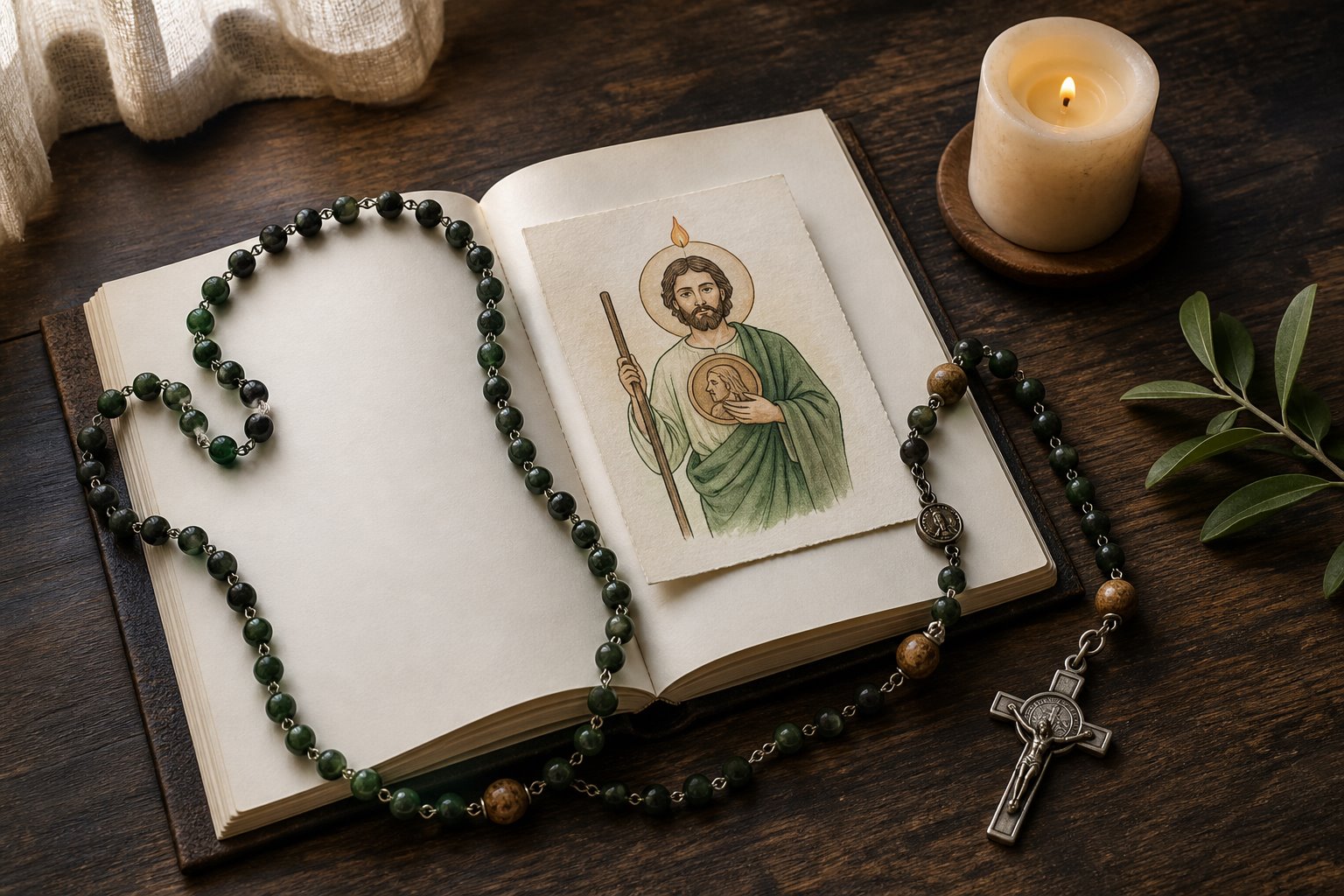 Rosario junto a una ilustración original de San Judas Tadeo en un cuaderno de oración