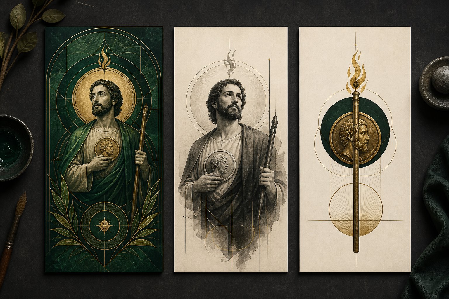 Three original San Judas wallpaper directions in emerald, black and grey, and symbolic styles