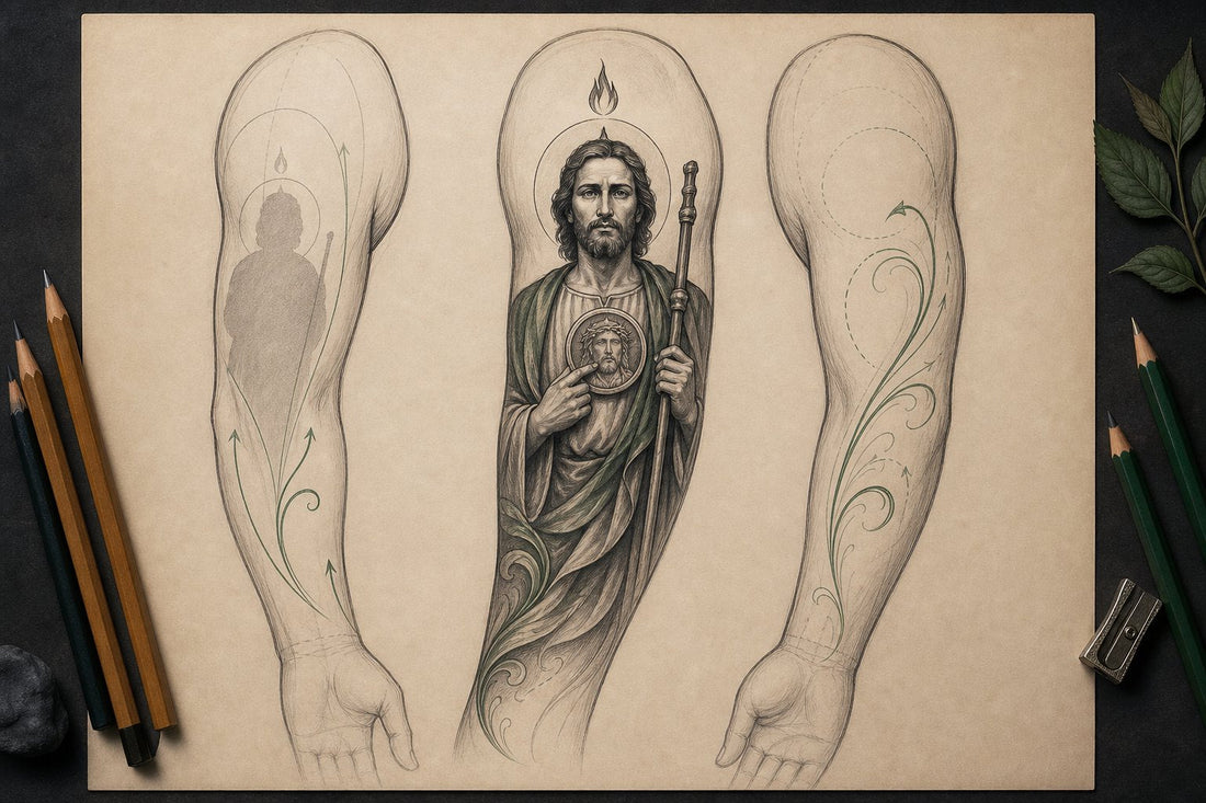 Tablero de planificación para tatuajes de San Judas Tadeo en el brazo con tres opciones de composición