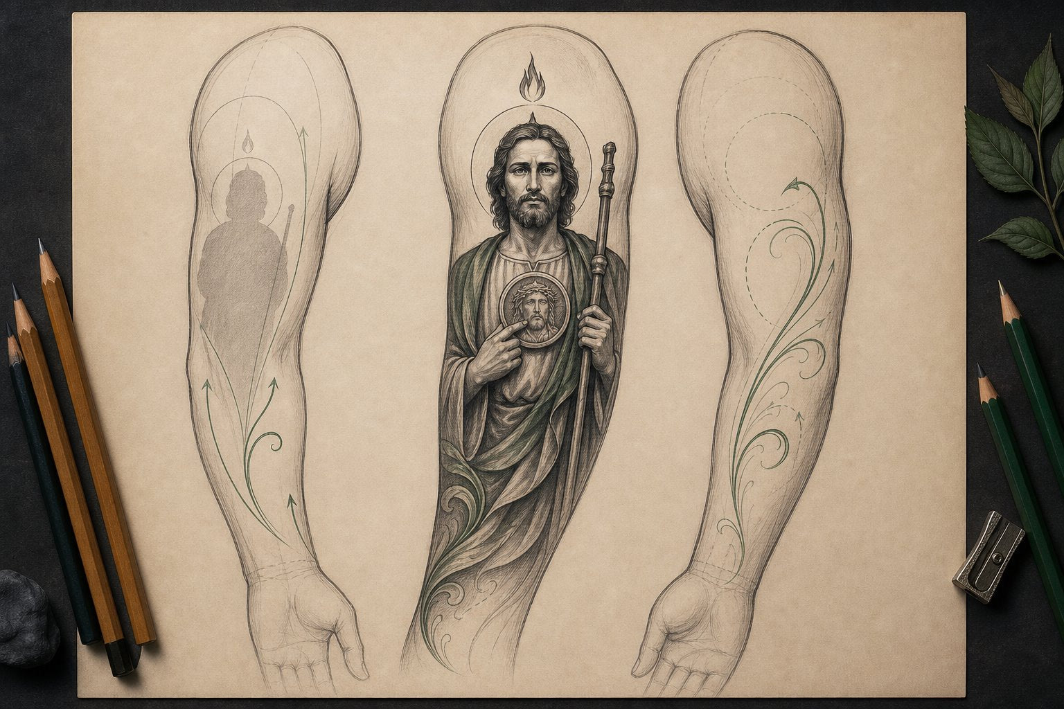 Tablero de planificación para tatuajes de San Judas Tadeo en el brazo con tres opciones de composición