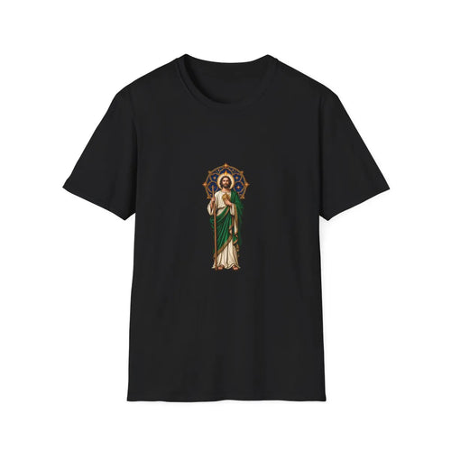 San Judas T-shirt with midnight-blue celestial rose window and copper star artwork, Black front view