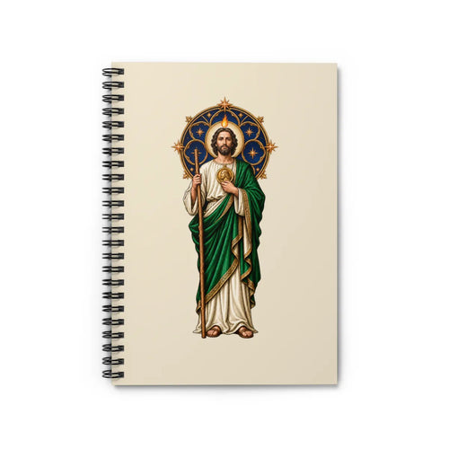 San Judas spiral notebook with celestial rose window and copper star artwork, front view