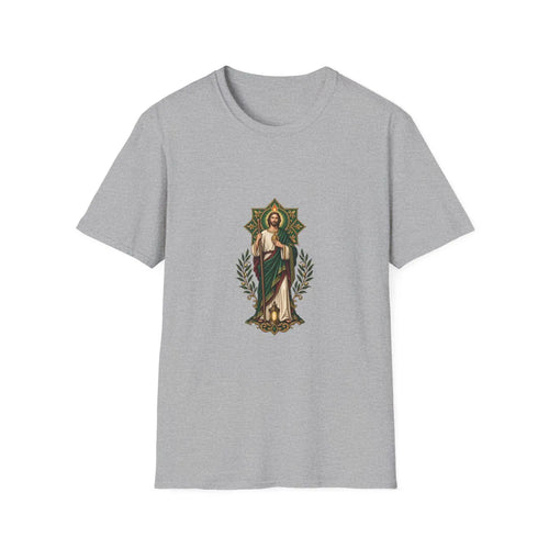 San Judas T-shirt with emerald rosette, olive sprigs, and lantern artwork, Sport Grey front view