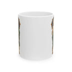 San Judas ceramic mug with celestial rose window and copper star artwork, front view
