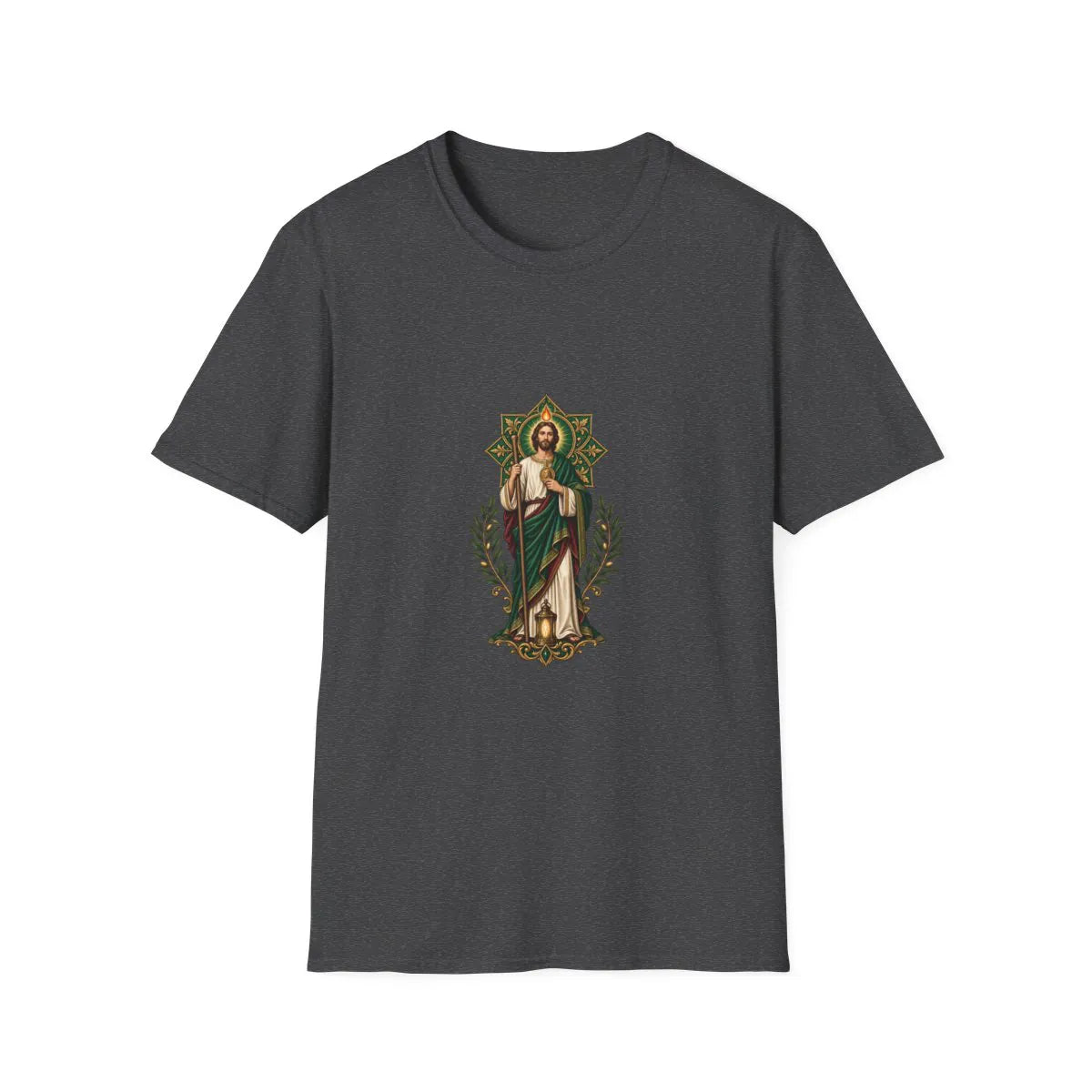 San Judas T-shirt with emerald rosette, olive sprigs, and lantern artwork, Dark Heather front view