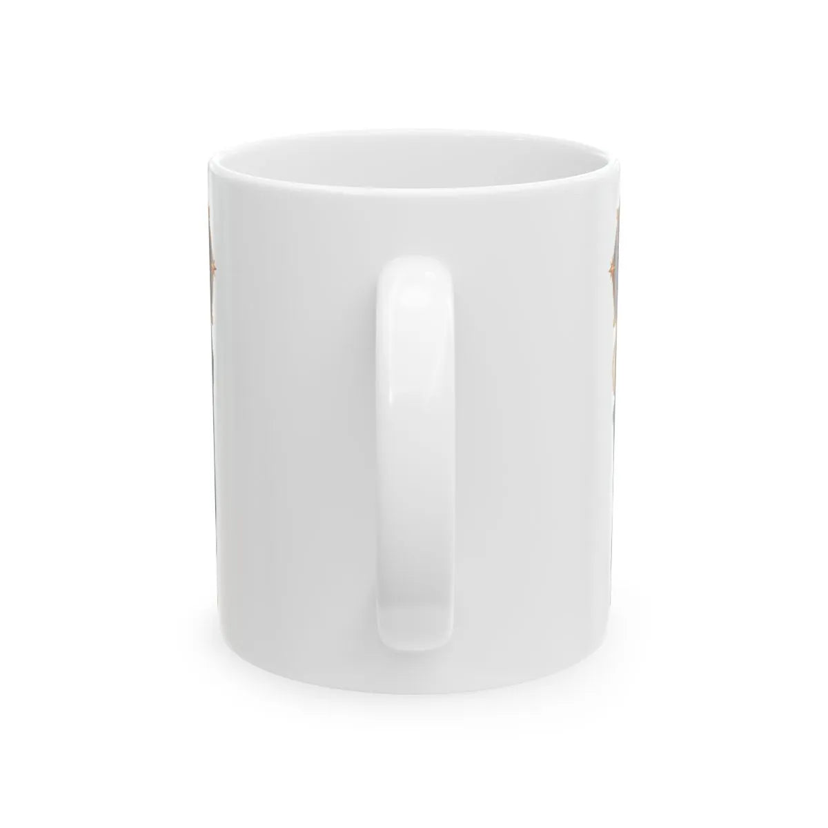 San Judas ceramic mug with celestial rose window and copper star artwork, back view