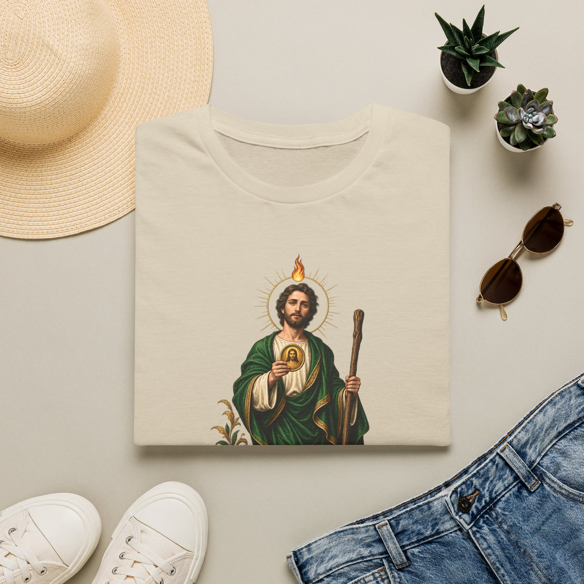 Camiseta Unissex Sagrado Coração São Judas Tadeu Preto e Dourado