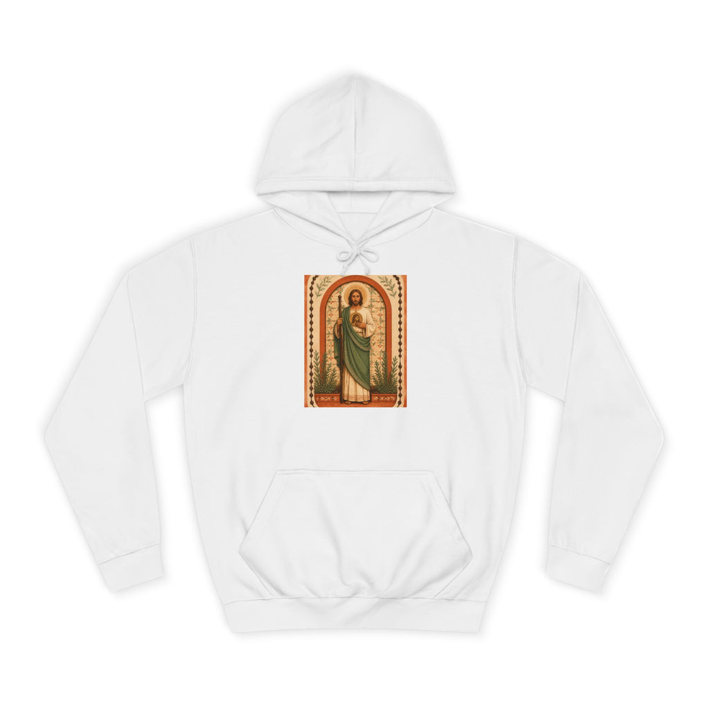 terracotta, cream, and sage San Judas Tadeo Terracotta Rosary Garden illustration on a unisex hoodie