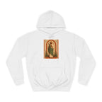 terracotta, cream, and sage San Judas Tadeo Terracotta Rosary Garden illustration on a unisex hoodie