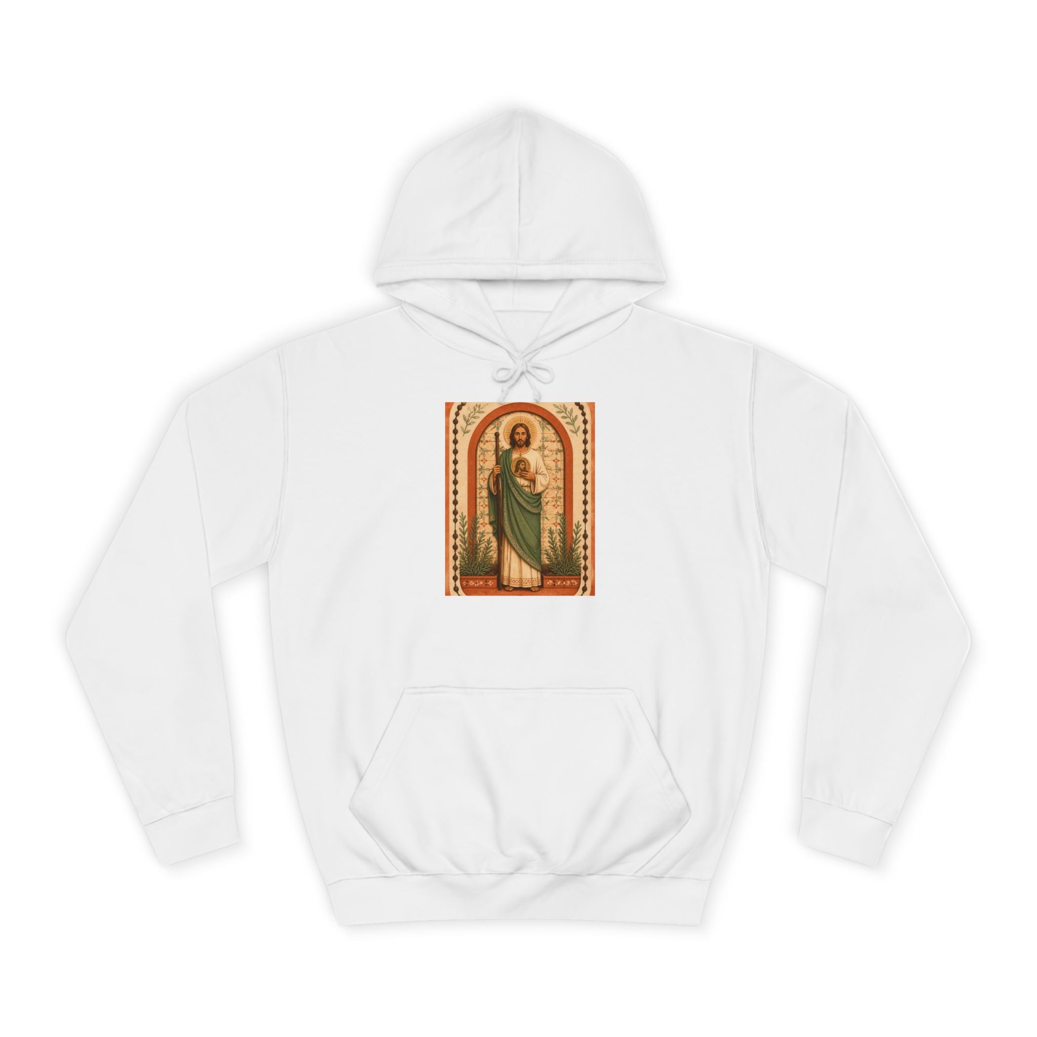 terracotta, cream, and sage San Judas Tadeo Terracotta Rosary Garden illustration on a unisex hoodie