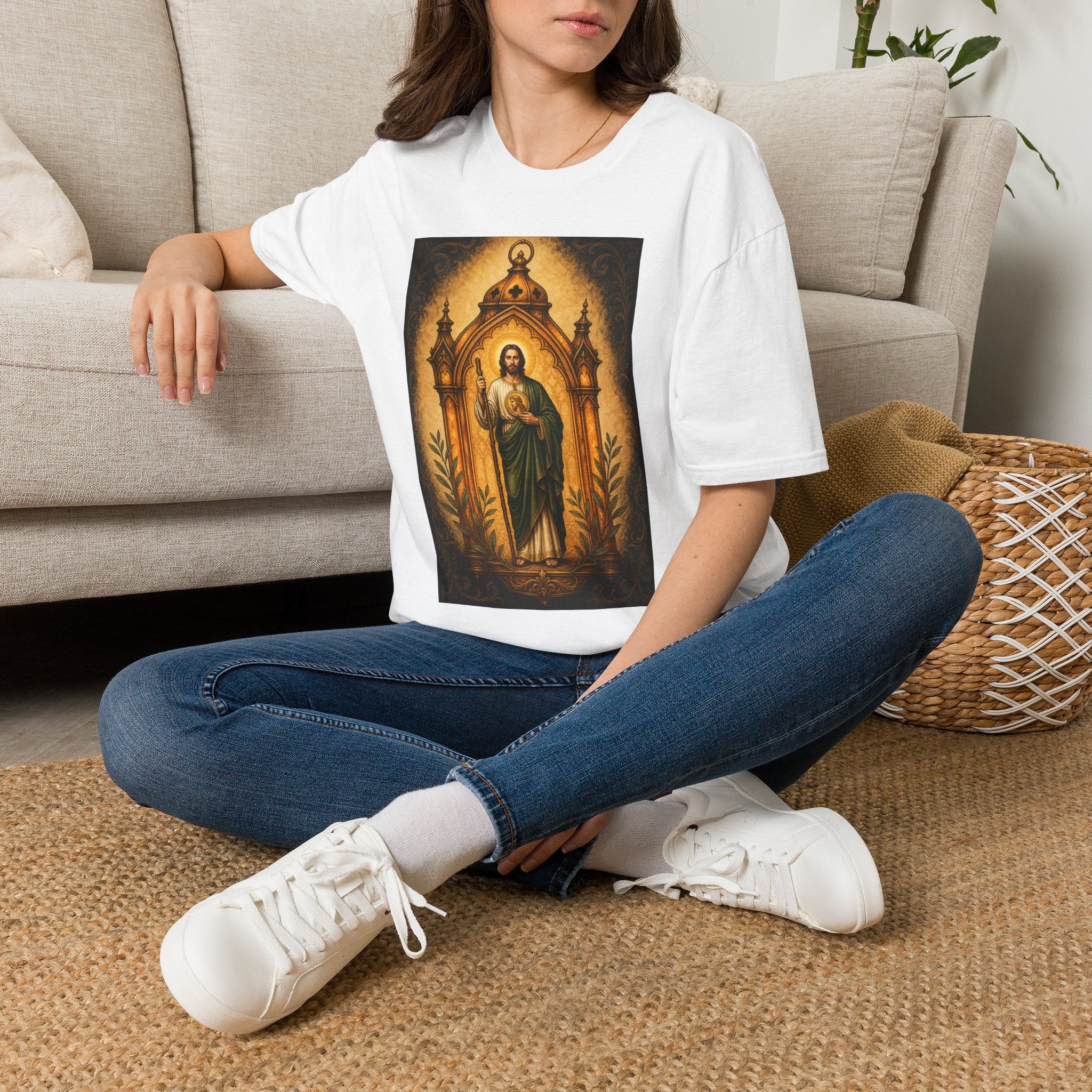 San Judas Tadeo Amber Pilgrim Lantern Unisex T-Shirt product preview, view 2