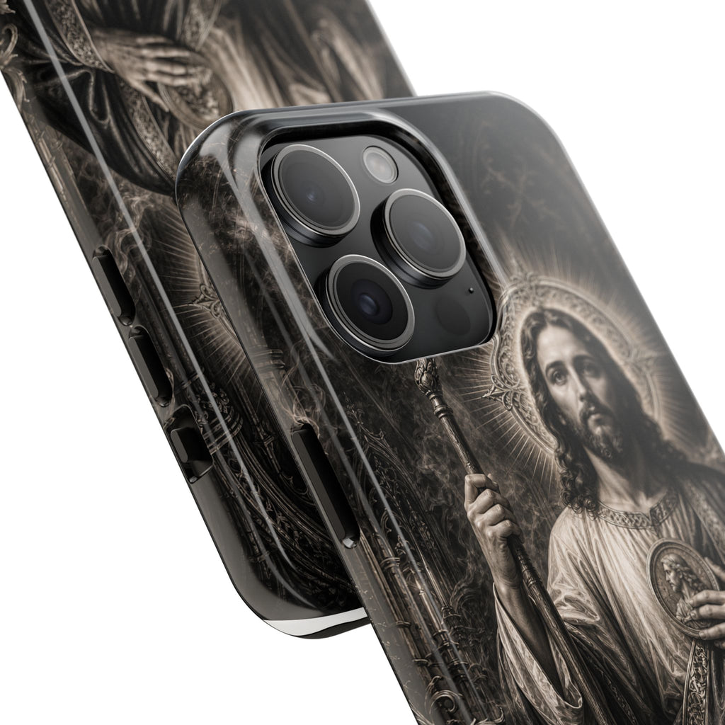 San Judas phone case with black and grey Gothic cathedral artwork, detail view 19
