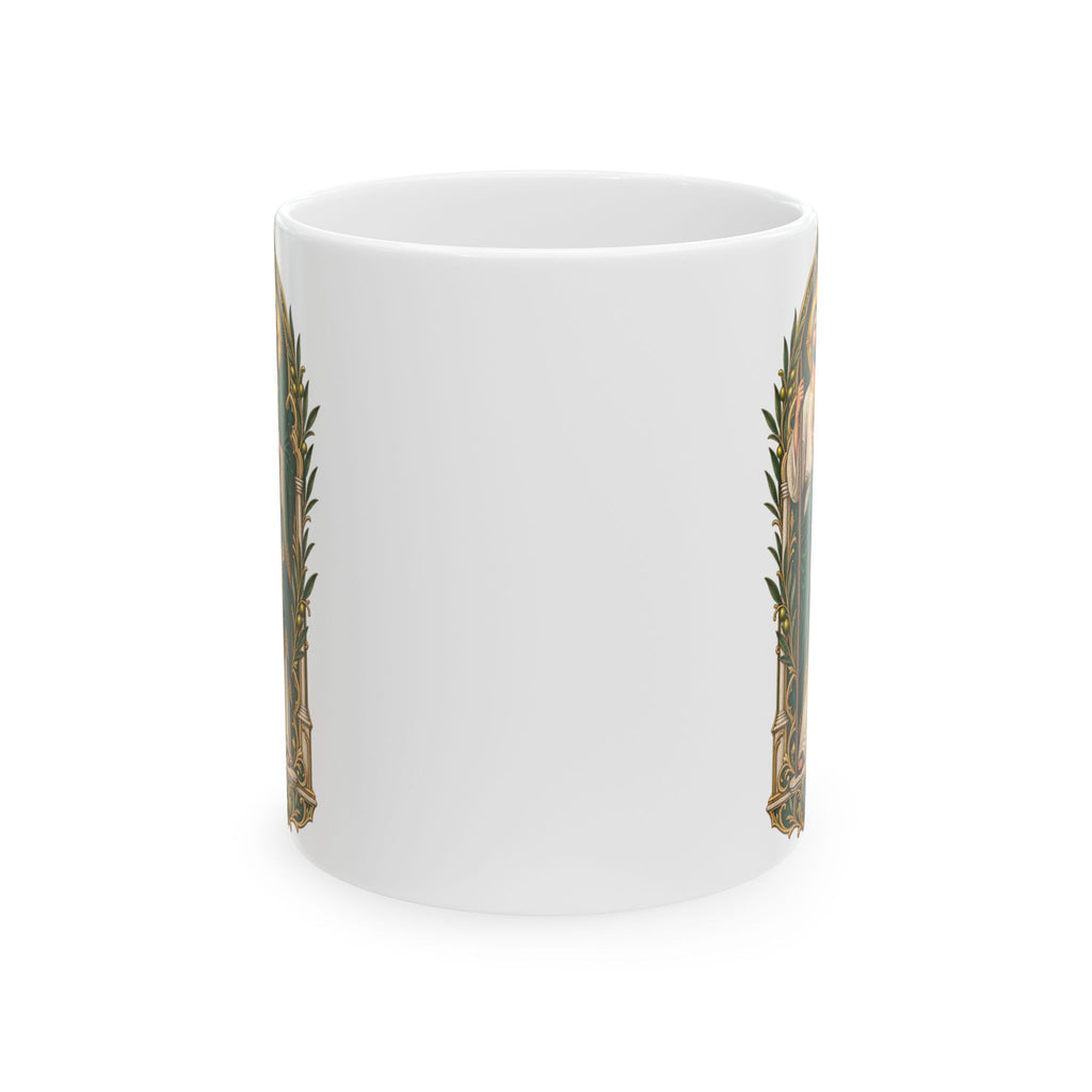 Olive and antique-gold San Judas Tadeo reliquary illustration on a white ceramic mug