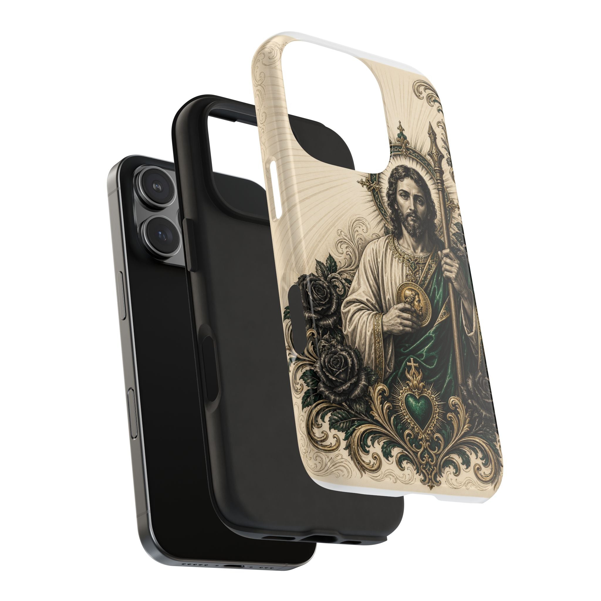 Capa de Celular Resistente São Judas Tadeu Esmeralda e Ouro Sagrado Coração