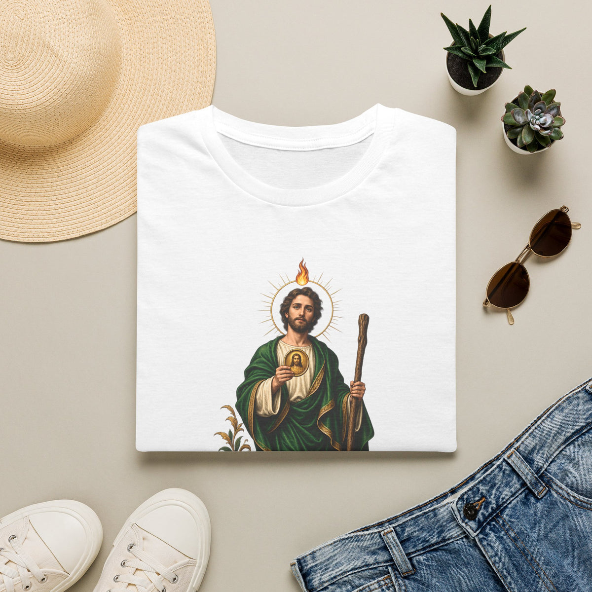 Camiseta Unissex Sagrado Coração São Judas Tadeu Preto e Dourado