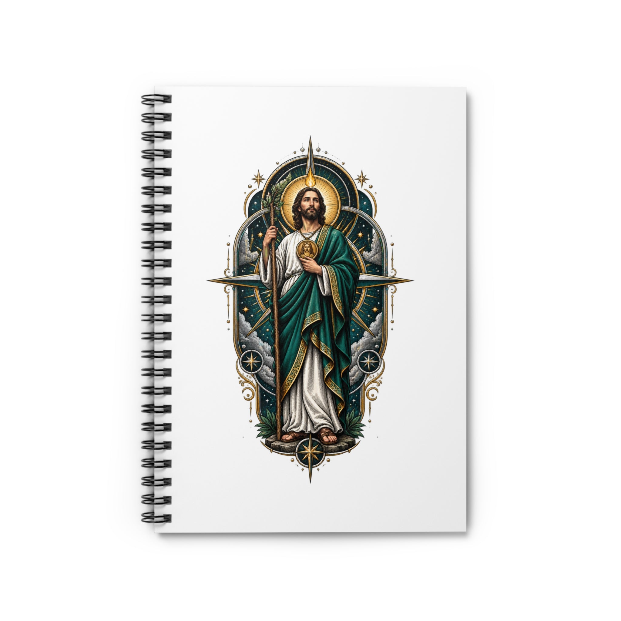Midnight Compass San Judas Tadeo illustration on a spiral notebook