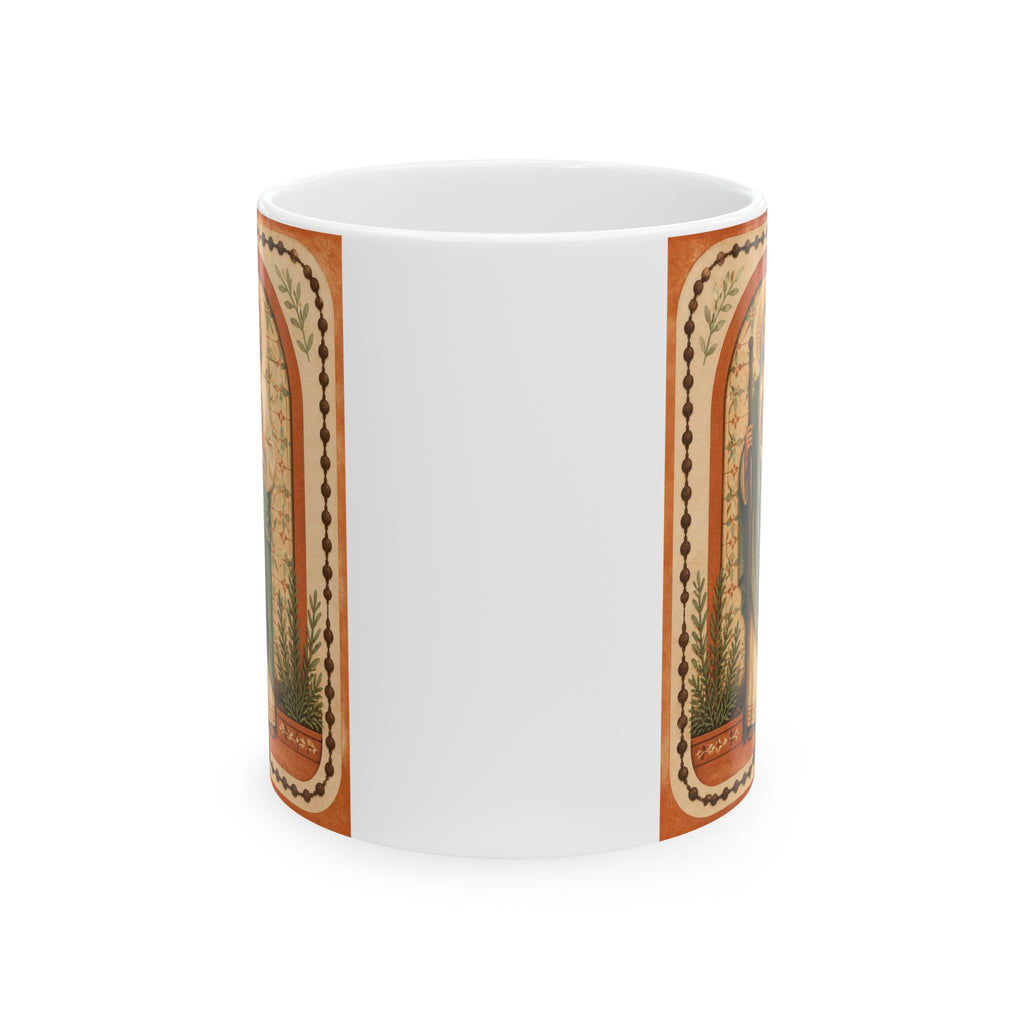 terracotta, cream, and sage San Judas Tadeo Terracotta Rosary Garden illustration on a 11 oz ceramic mug