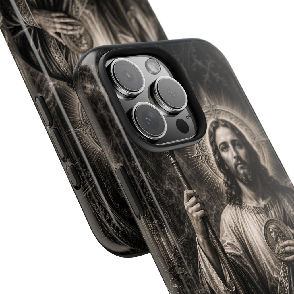 San Judas phone case with black and grey Gothic cathedral artwork, detail view 24