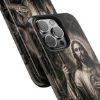 San Judas phone case with black and grey Gothic cathedral artwork, detail view 24
