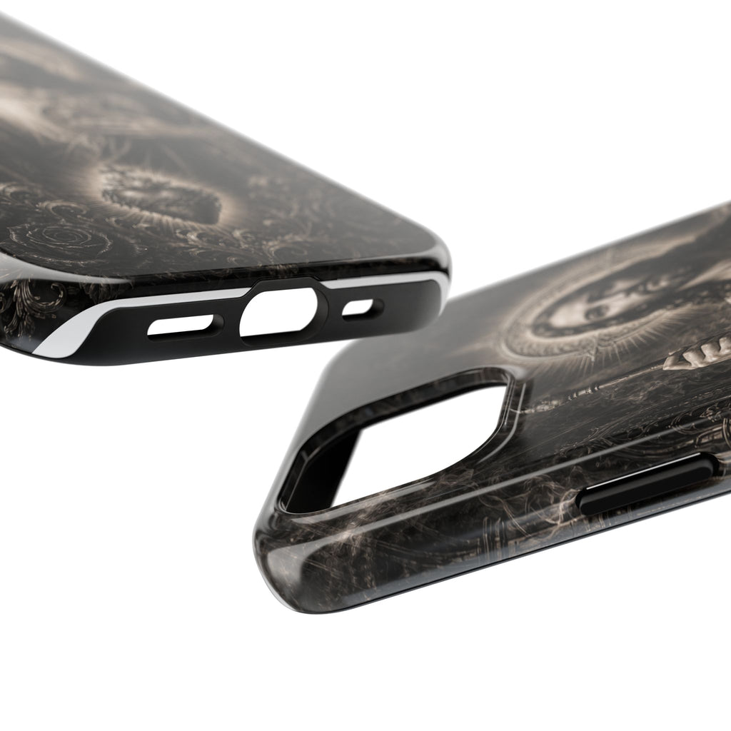 San Judas phone case with black and grey Gothic cathedral artwork, detail view 17