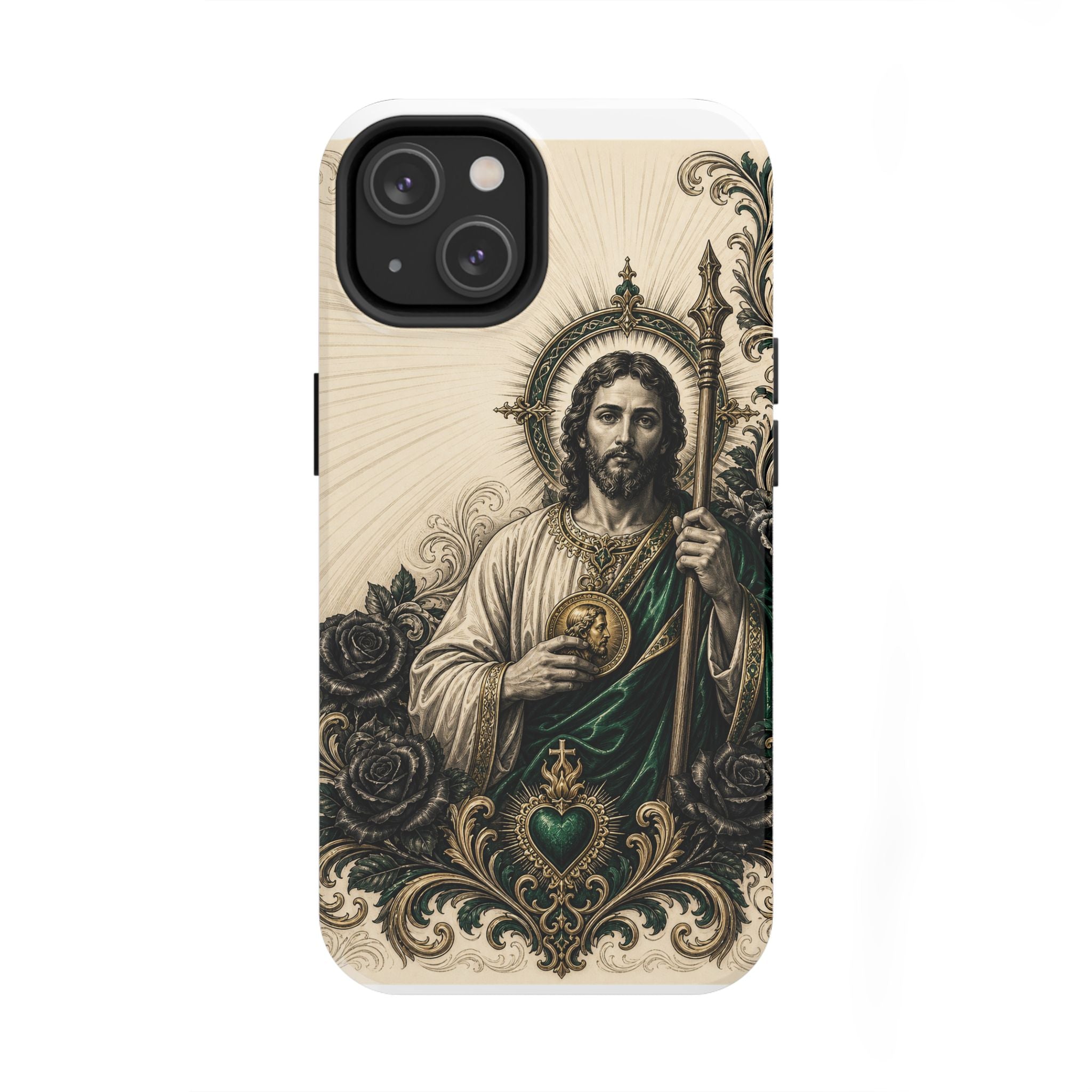 Capa de Celular Resistente São Judas Tadeu Esmeralda e Ouro Sagrado Coração