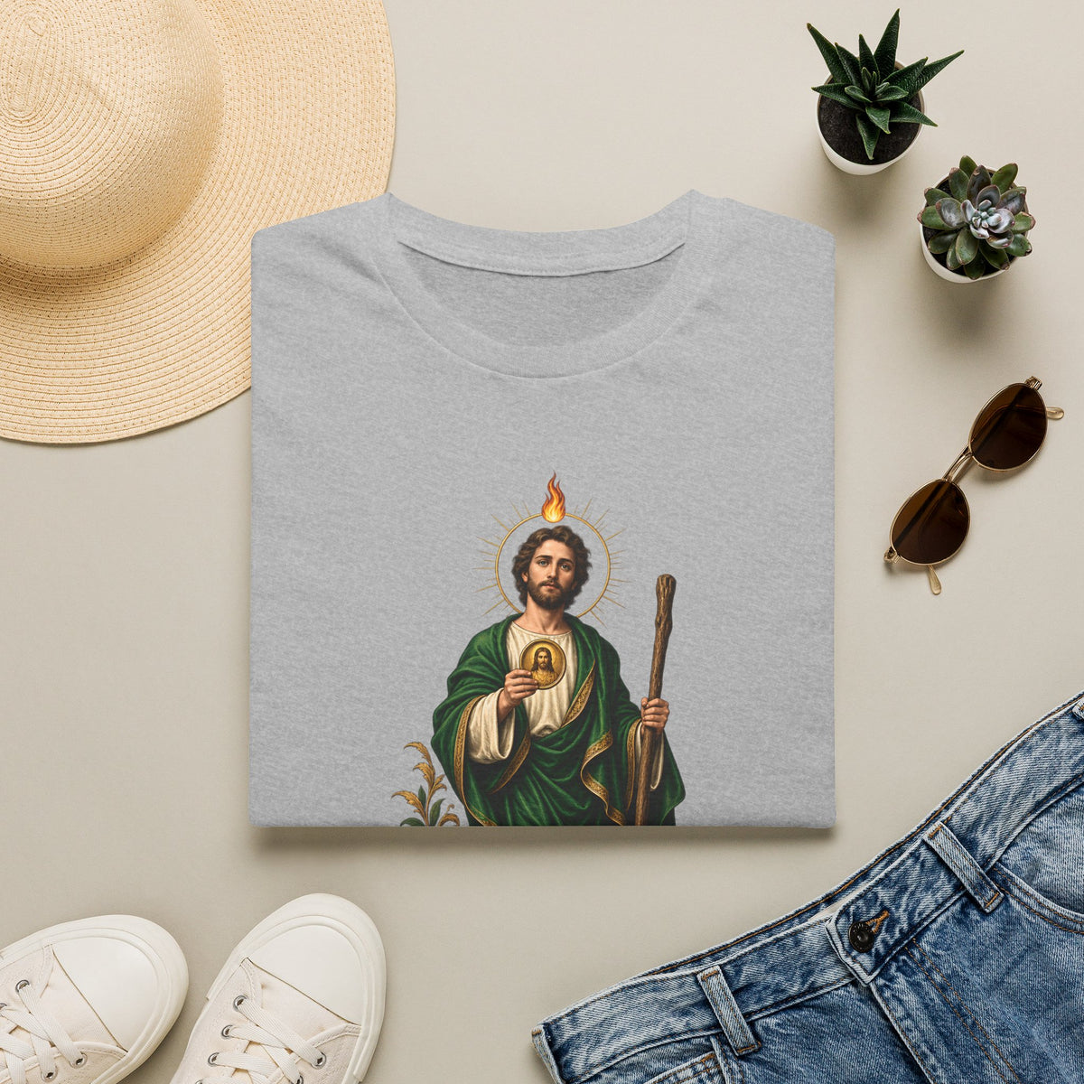 Camiseta Unissex Sagrado Coração São Judas Tadeu Preto e Dourado