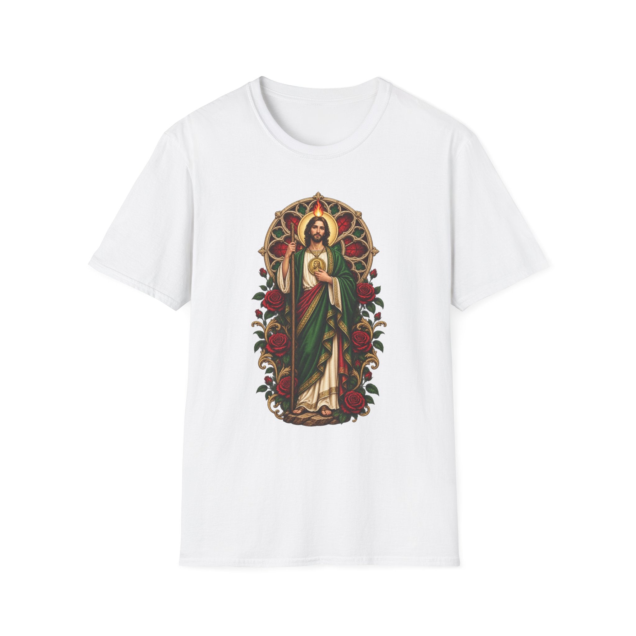 San Judas Tadeo Crimson Rose Window Unisex T-Shirt product preview, view 3