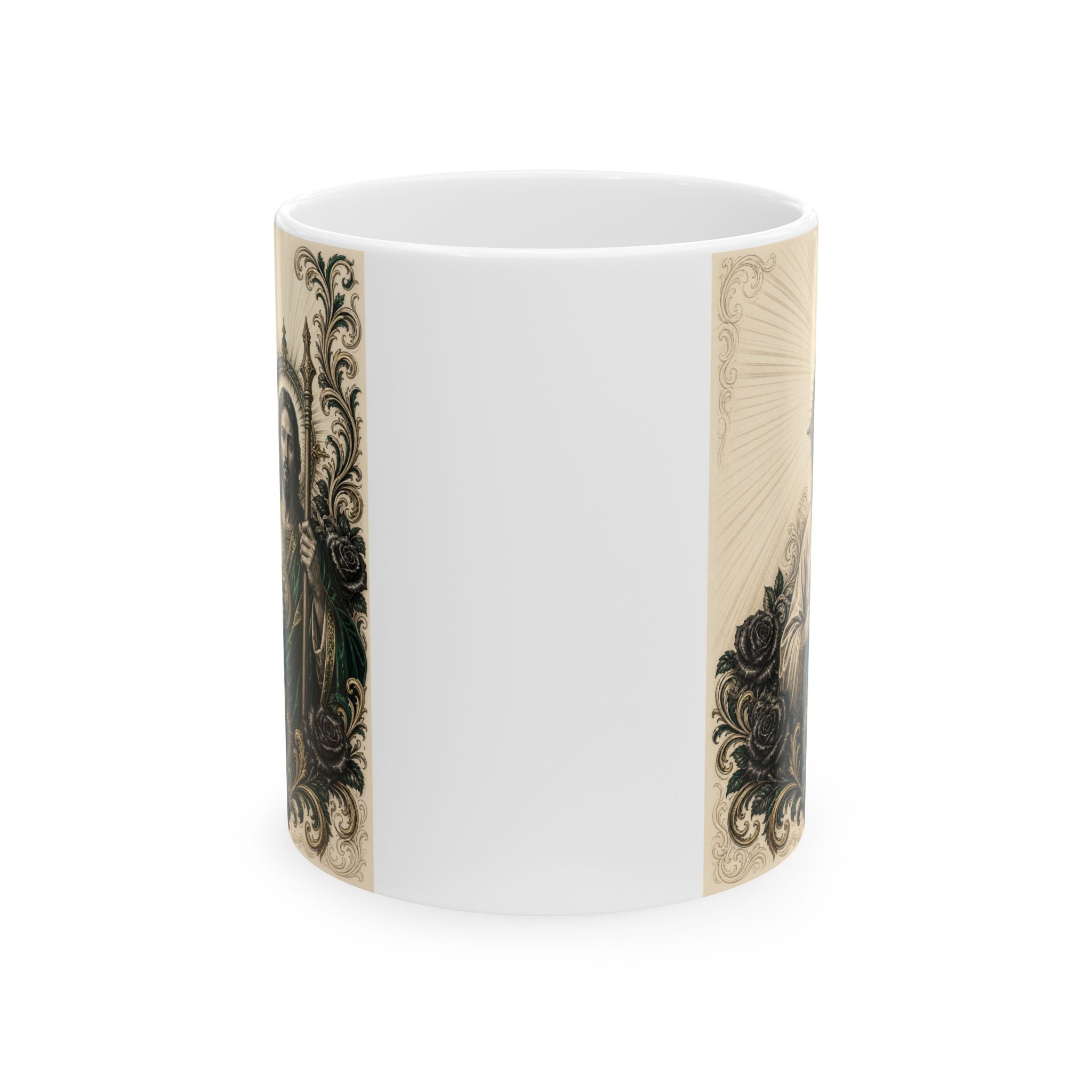 Caneca de Cerâmica Sagrado Coração San Judas Tadeo com Esmeralda e Ouro