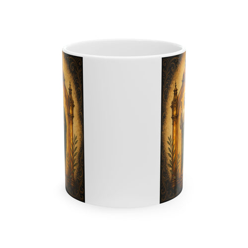 amber, charcoal, and olive San Judas Tadeo Amber Pilgrim Lantern illustration on a 11 oz ceramic mug
