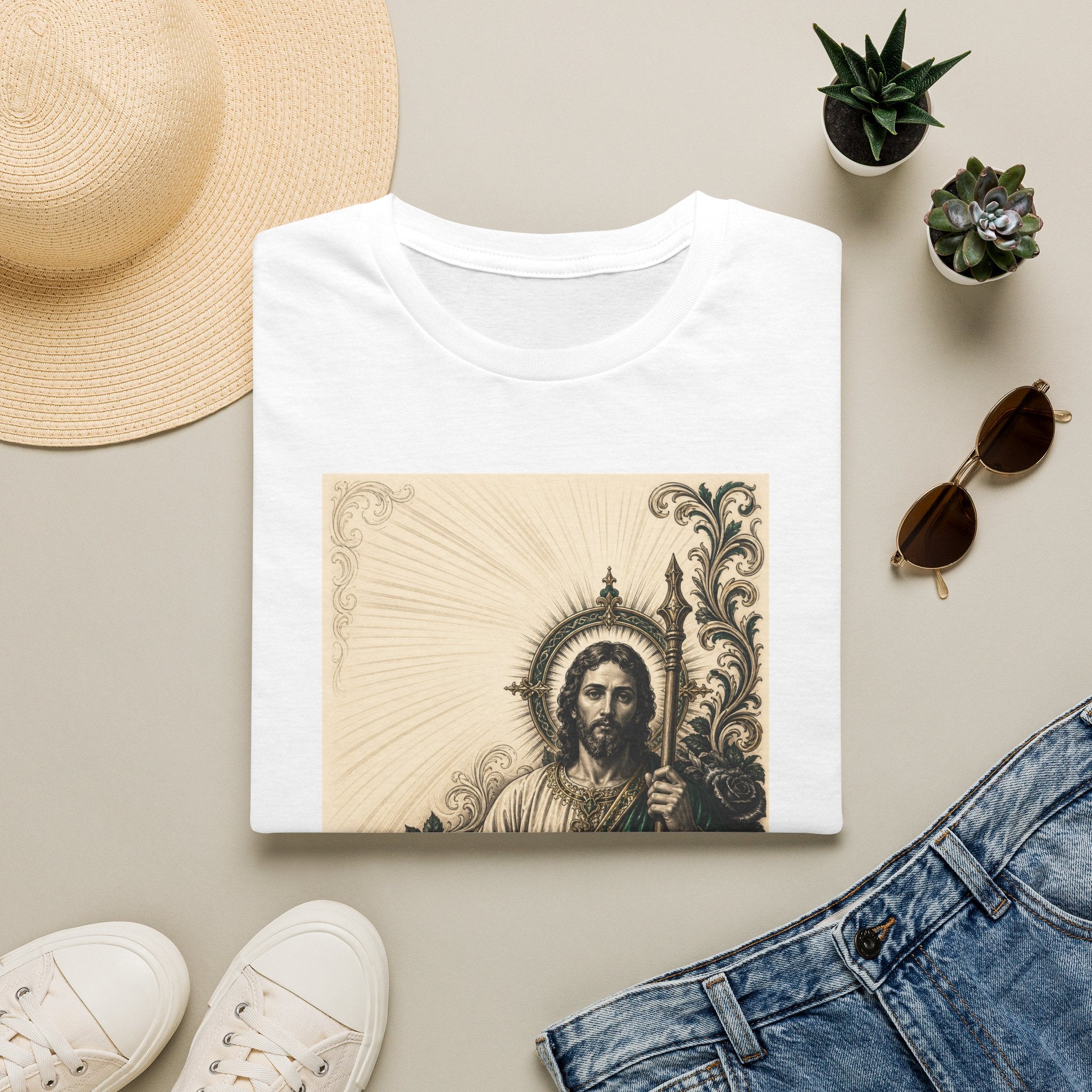 Camiseta Unissex Sagrado Coração de São Judas Tadeu Esmeralda e Dourado