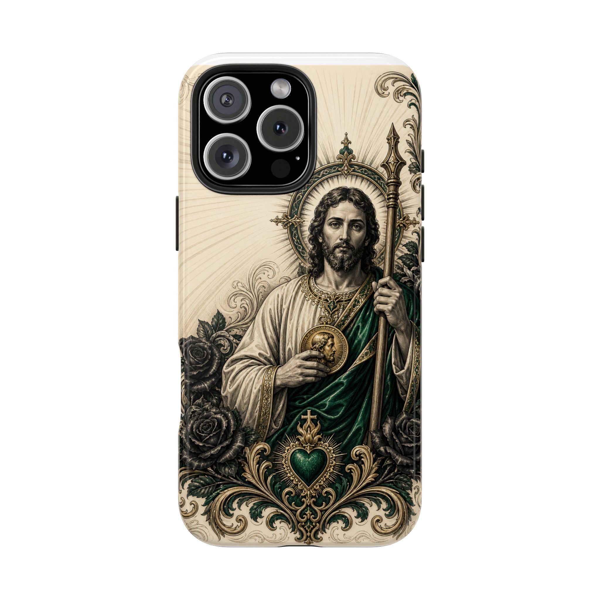 Capa de Celular Resistente São Judas Tadeu Esmeralda e Ouro Sagrado Coração
