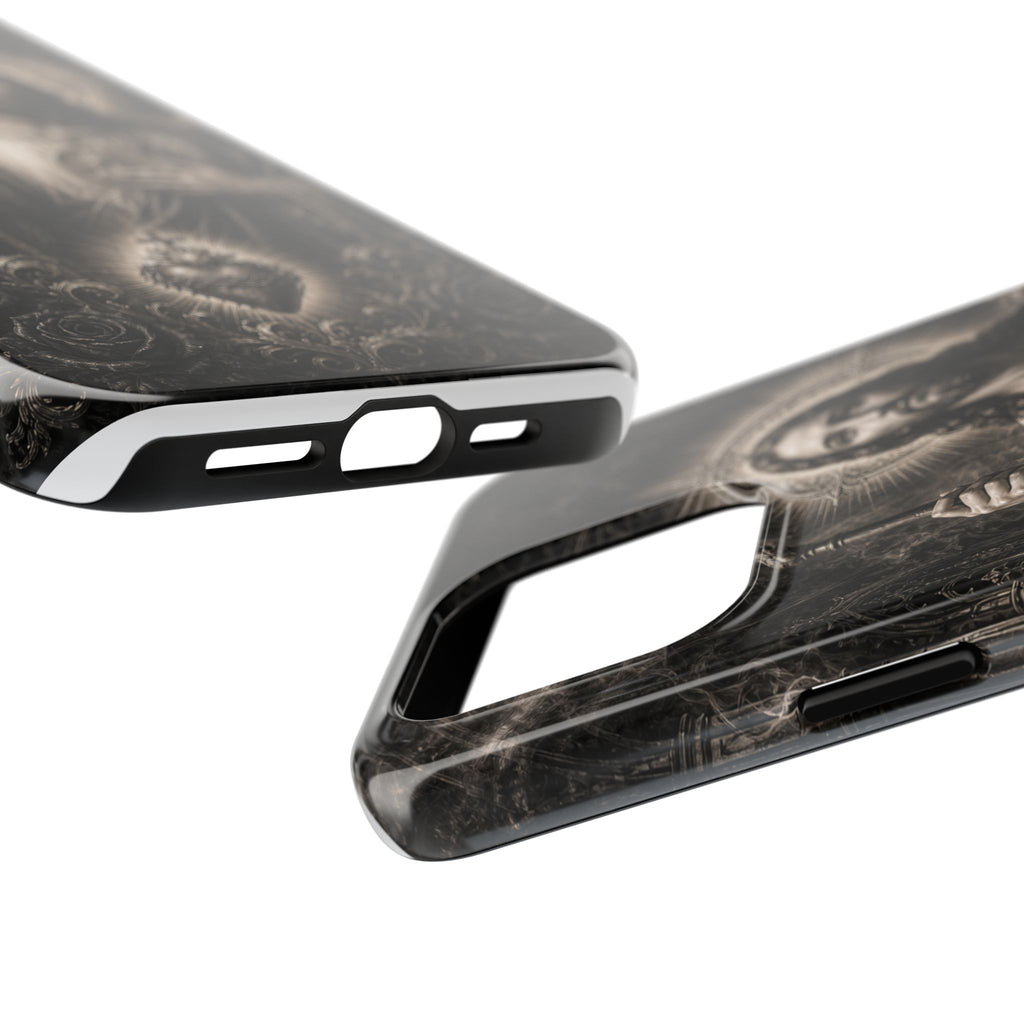 San Judas phone case with black and grey Gothic cathedral artwork, detail view 20