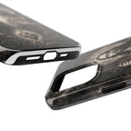 San Judas phone case with black and grey Gothic cathedral artwork, detail view 20
