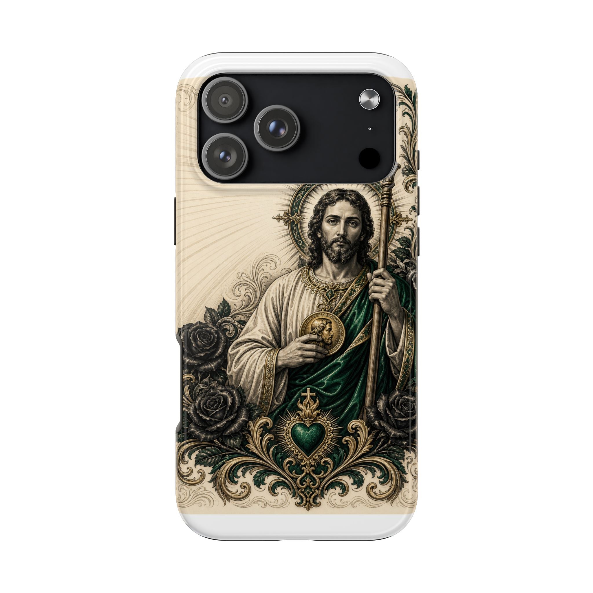 Capa de Celular Resistente São Judas Tadeu Esmeralda e Ouro Sagrado Coração