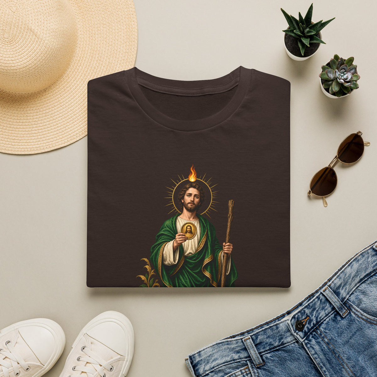 Camiseta Unissex Sagrado Coração São Judas Tadeu Preto e Dourado
