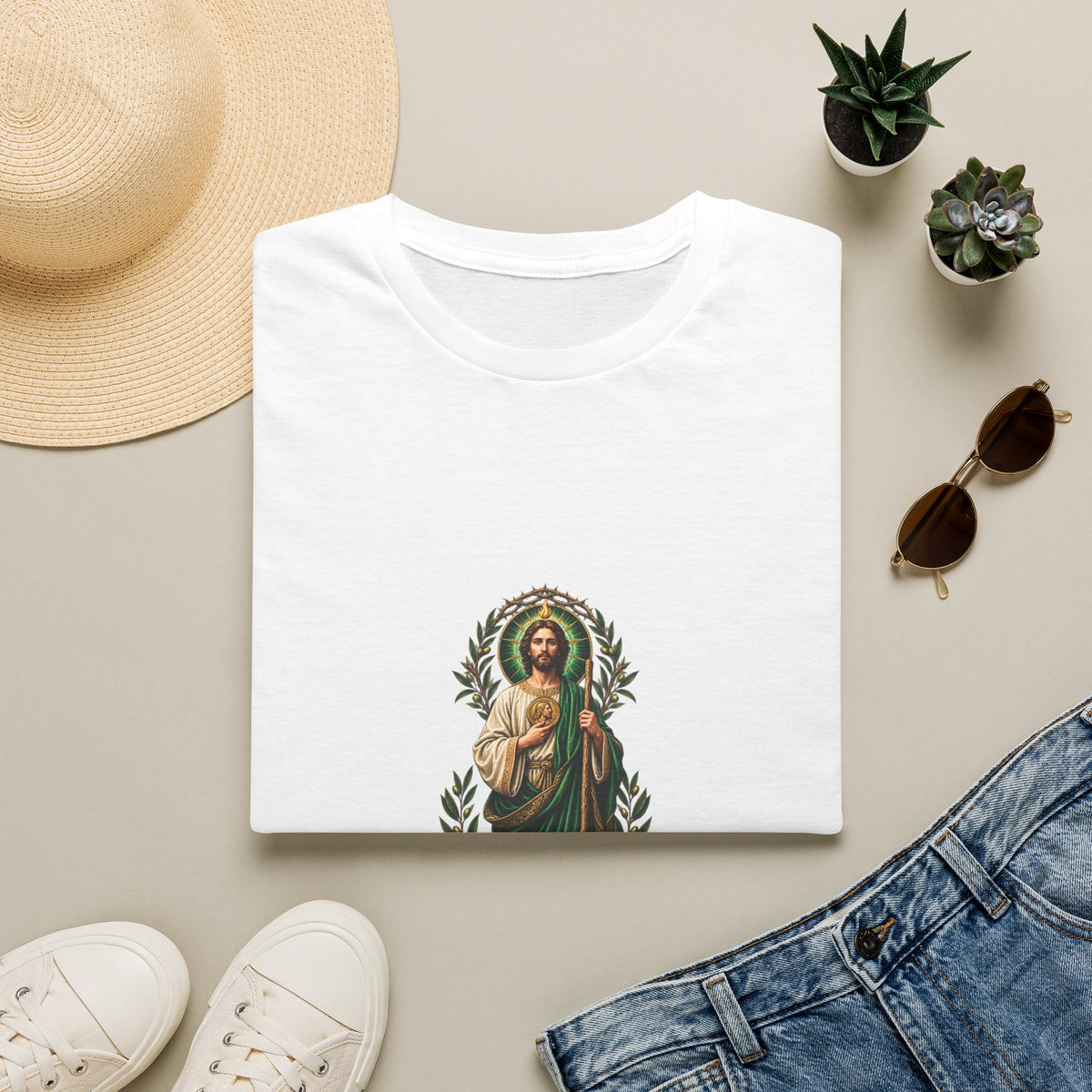 Emerald and antique-gold San Judas Tadeo olive-arch artwork on a unisex T-shirt