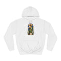 Cobalt chapel mosaic San Judas Tadeo illustration printed on an Arctic White unisex hoodie