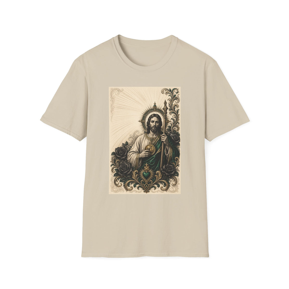 San Judas Tadeo Emerald & Gold Sacred Heart Unisex T-Shirt product view 13