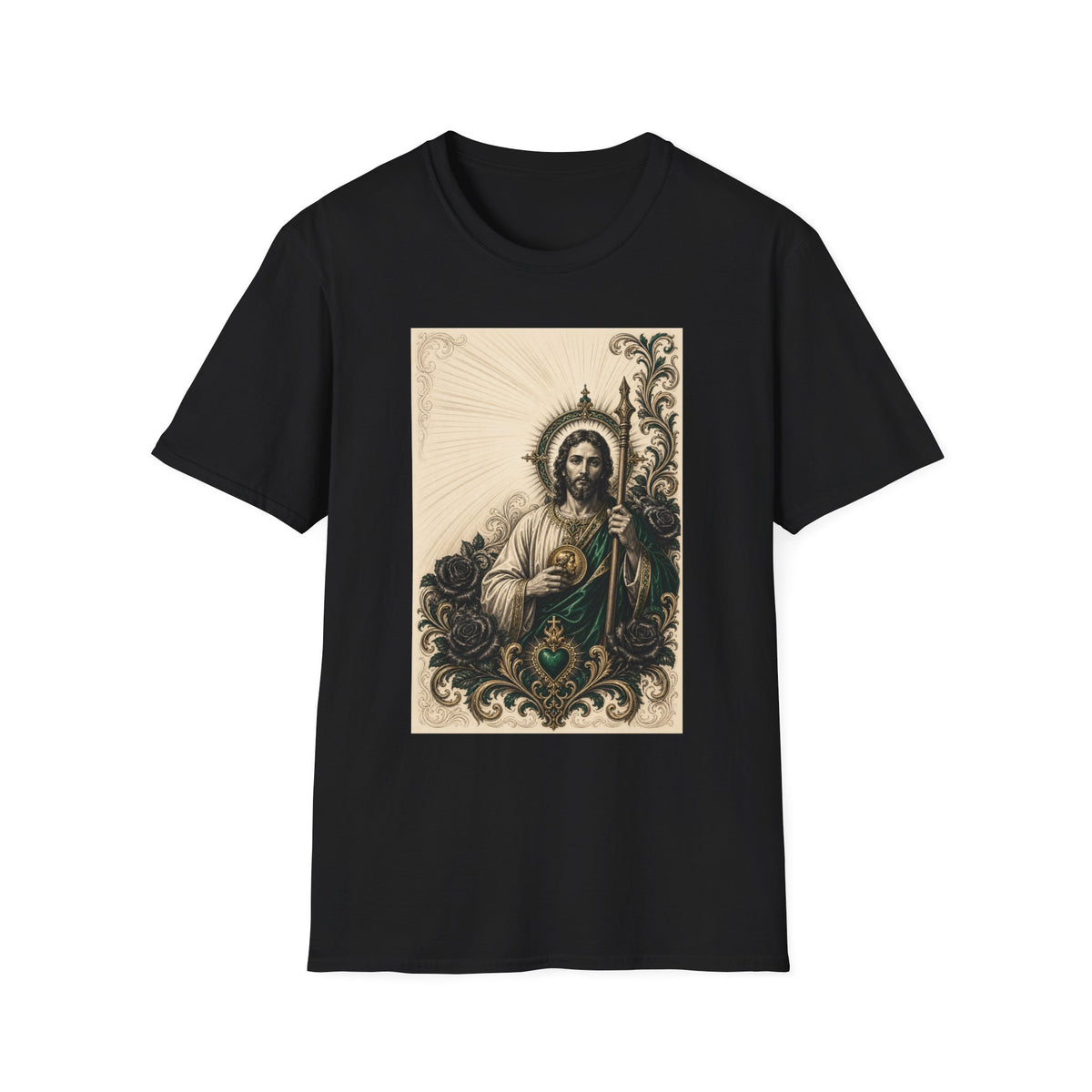 San Judas Tadeo Emerald & Gold Sacred Heart Unisex T-Shirt product view 10