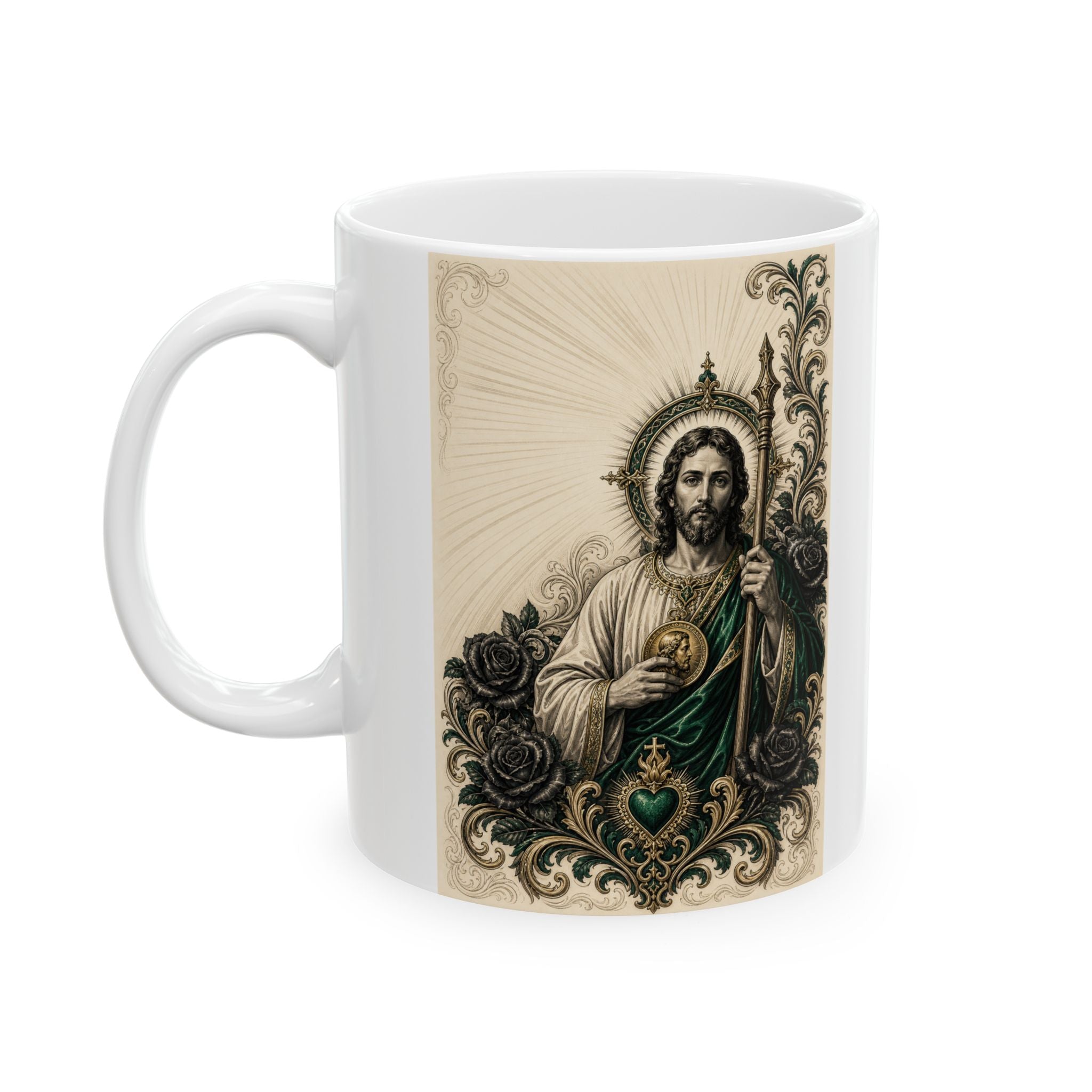 Caneca de Cerâmica Sagrado Coração San Judas Tadeo com Esmeralda e Ouro