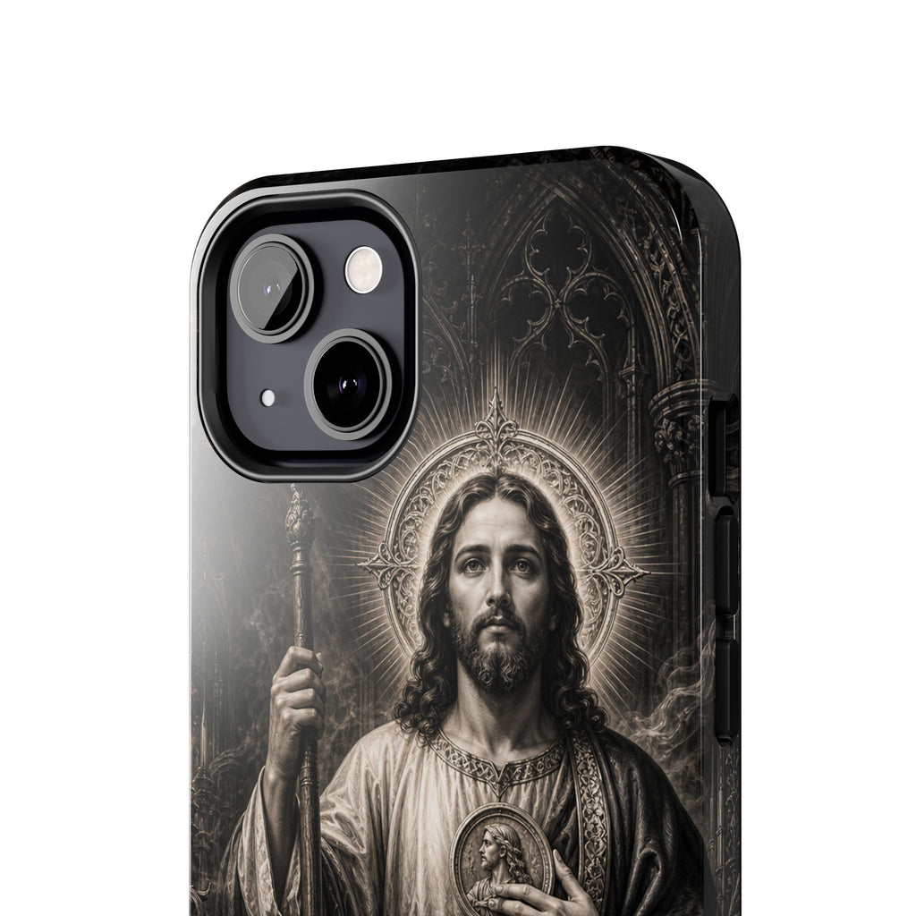 San Judas phone case with black and grey Gothic cathedral artwork, detail view 13