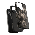 San Judas phone case with black and grey Gothic cathedral artwork, detail view 23