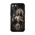 San Judas phone case with black and grey Gothic cathedral artwork, detail view 11