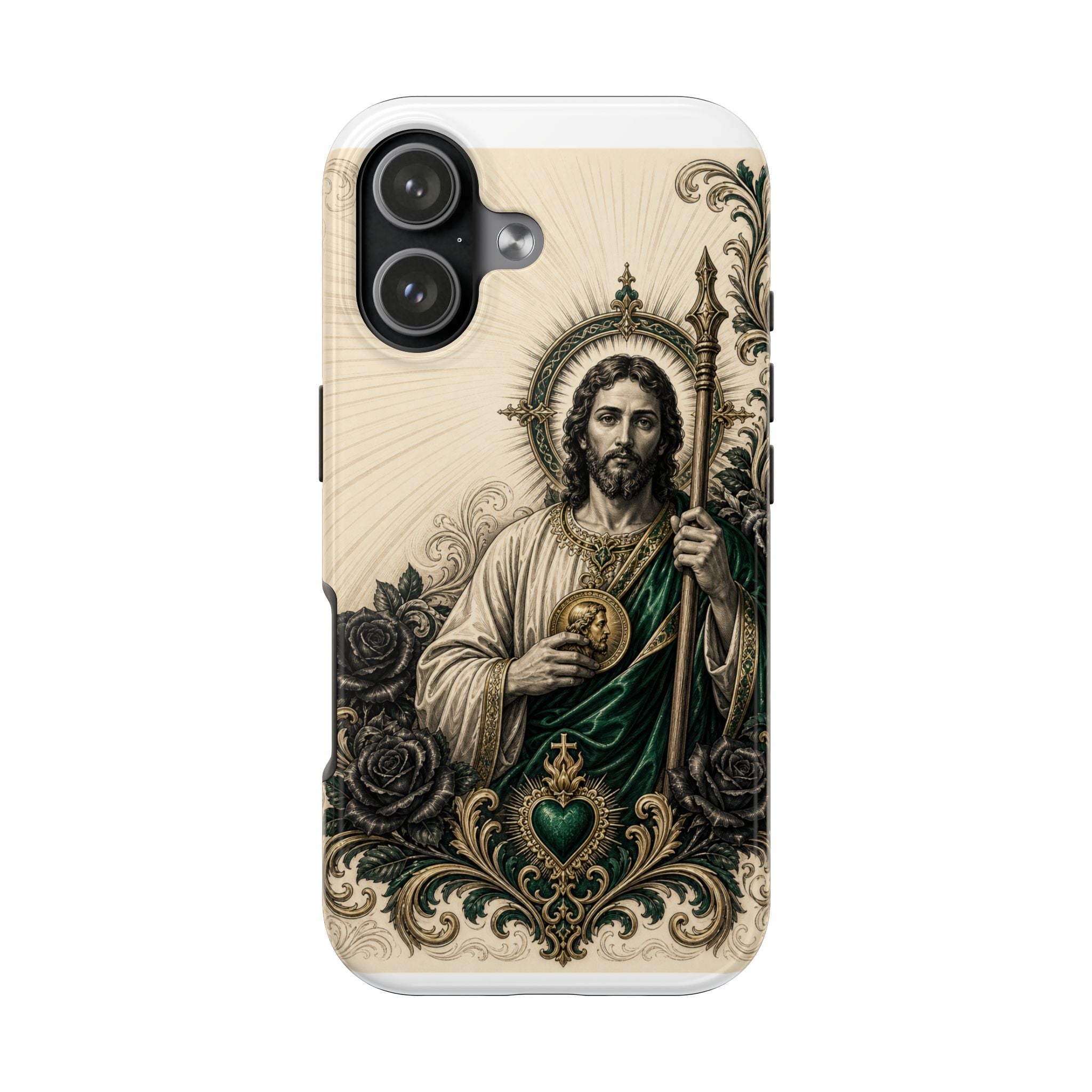 Capa de Celular Resistente São Judas Tadeu Esmeralda e Ouro Sagrado Coração
