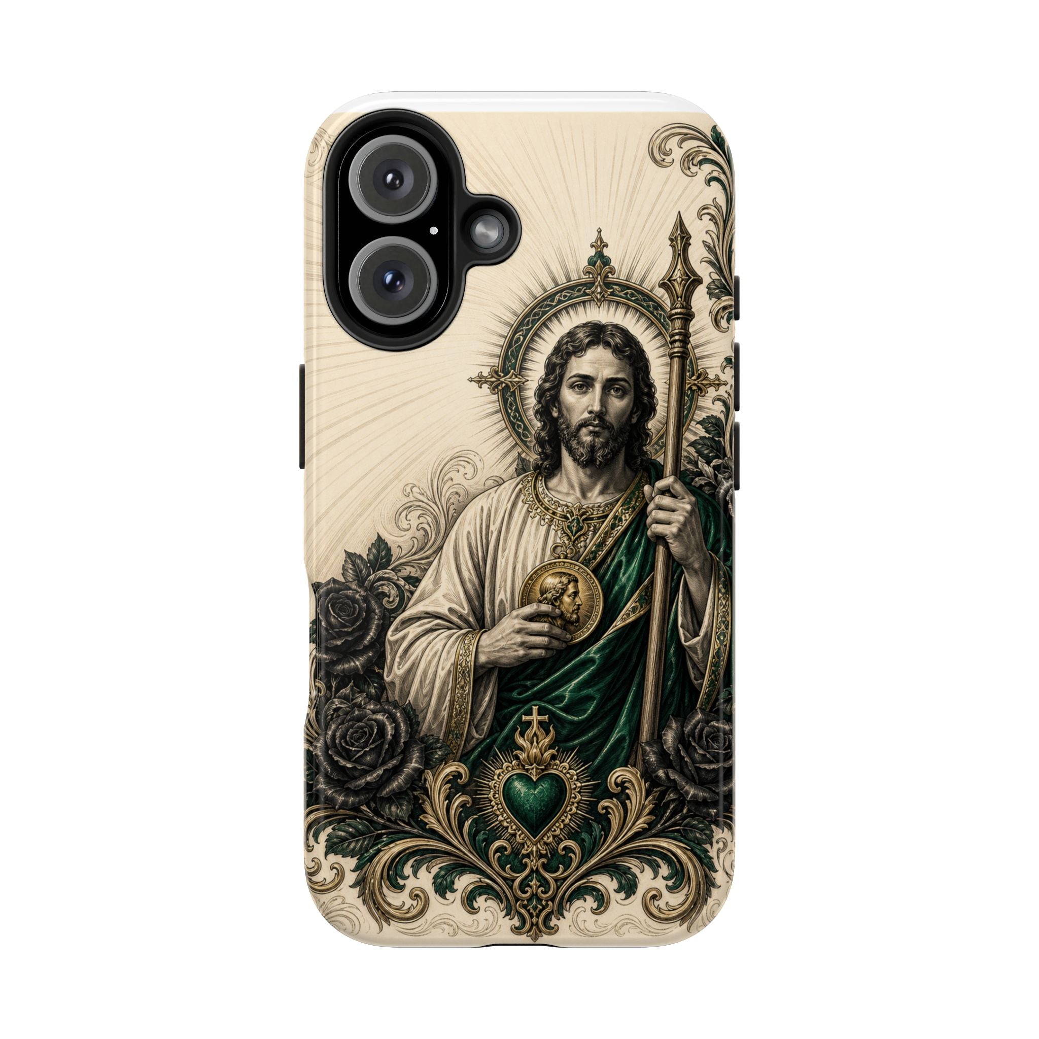 Capa de Celular Resistente São Judas Tadeu Esmeralda e Ouro Sagrado Coração