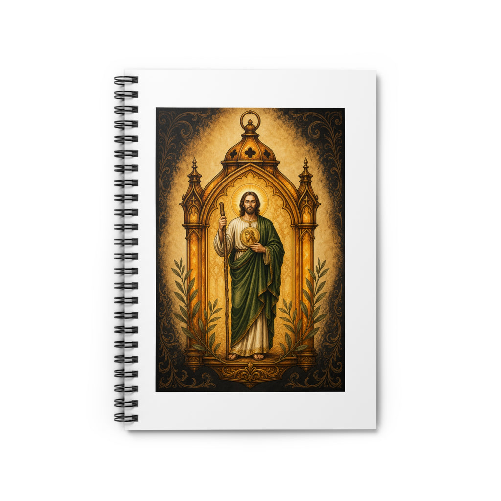 amber, charcoal, and olive San Judas Tadeo Amber Pilgrim Lantern illustration on a spiral notebook