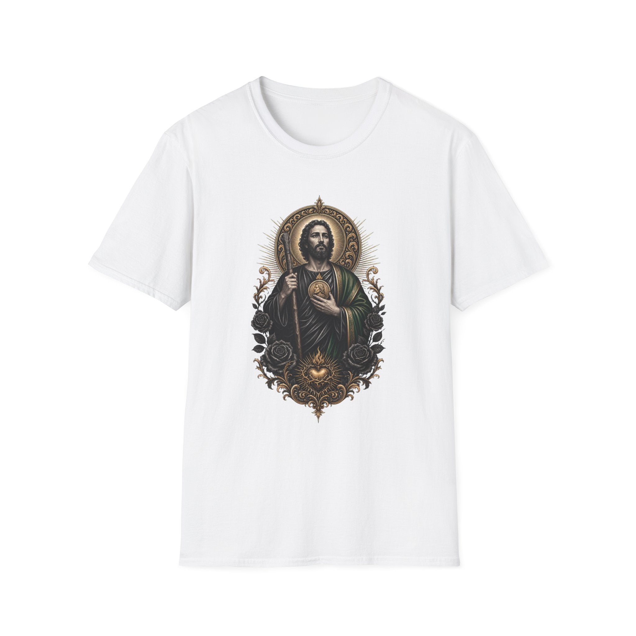 Camiseta Unissex Sagrado Coração São Judas Tadeu Preto e Dourado