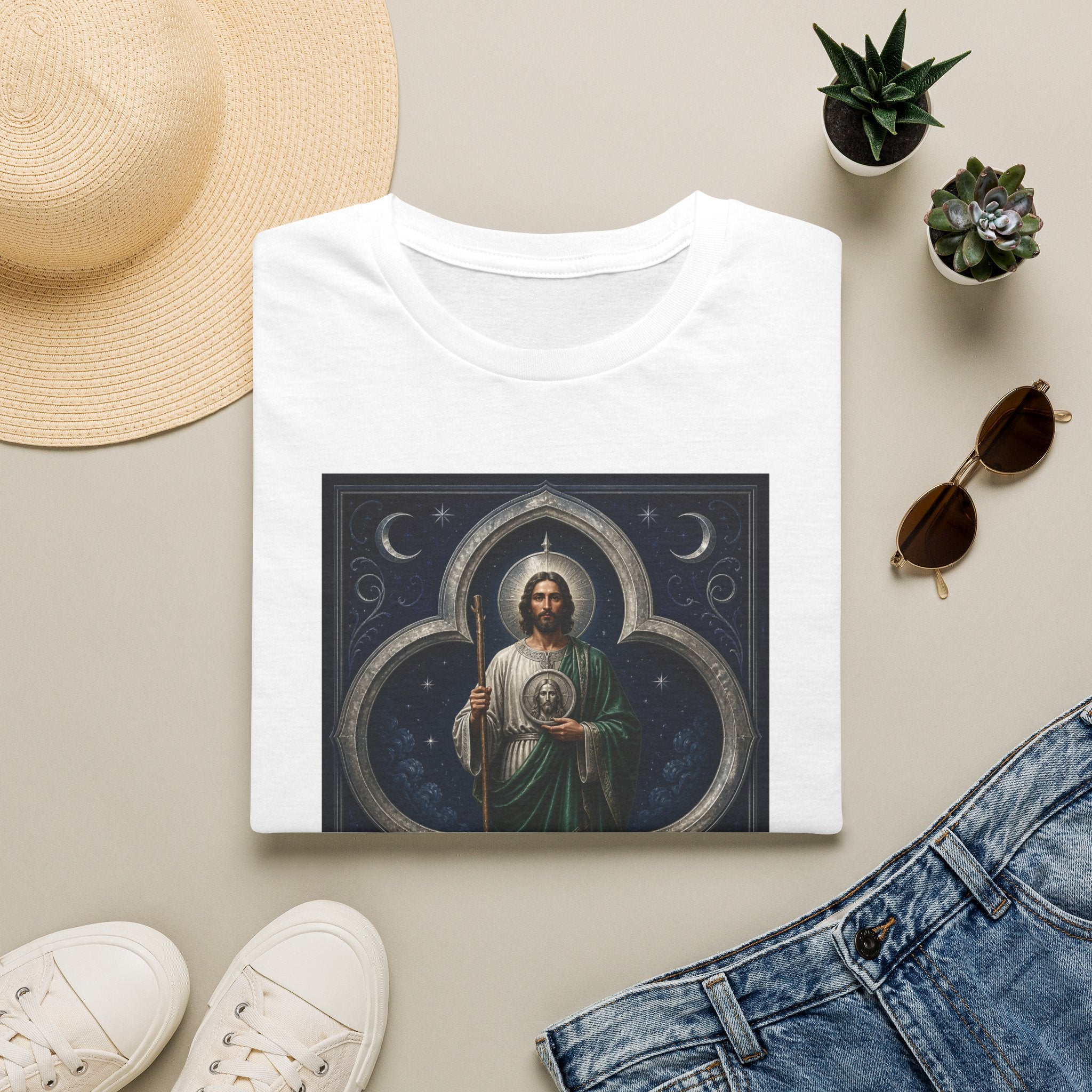 silver, indigo, and ivory San Judas Tadeo Silver Moon Quatrefoil illustration on a unisex T-shirt