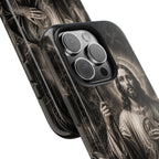 San Judas phone case with black and grey Gothic cathedral artwork, detail view 22