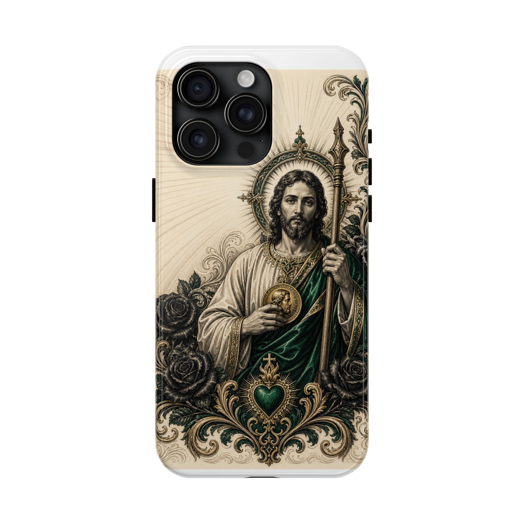 Capa de Celular Resistente São Judas Tadeu Esmeralda e Ouro Sagrado Coração